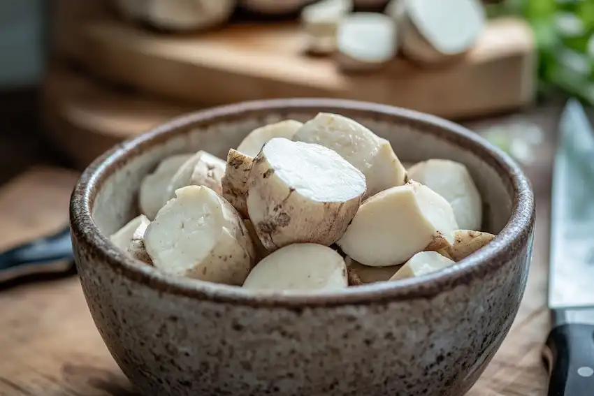 peeled and boiled taro root chunks in a ceramic bowl