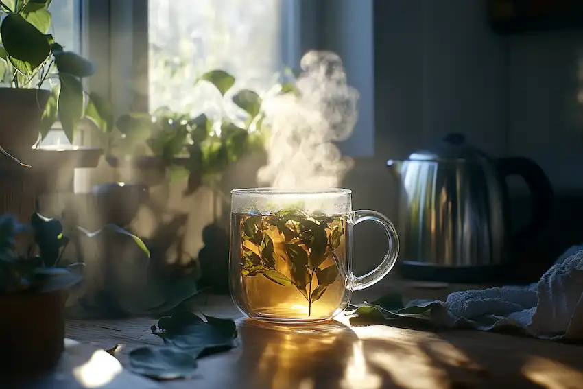 a glass mug of freshly brewed herbal tea