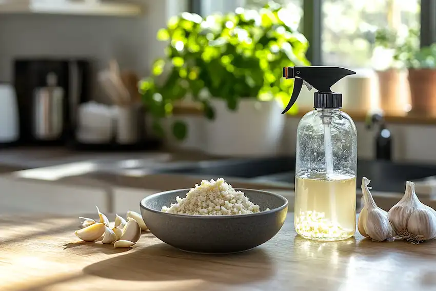 garlic cloves crushed garlic in a small bowl and a spray bottle