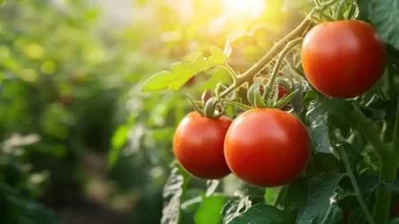 tomato plant with ripe red tomatoes hanging from the vine