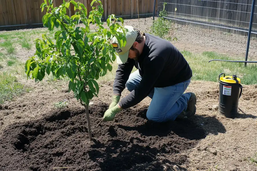a gardener planting a young peach tree