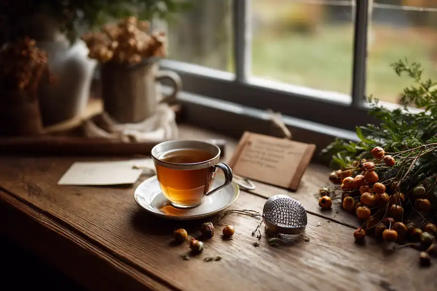 a cup of steeping hawthorn tea on a wooden counter