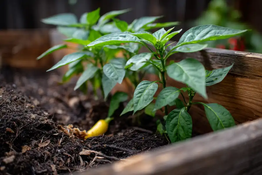 a healthy pepper plant growing in a raised bed