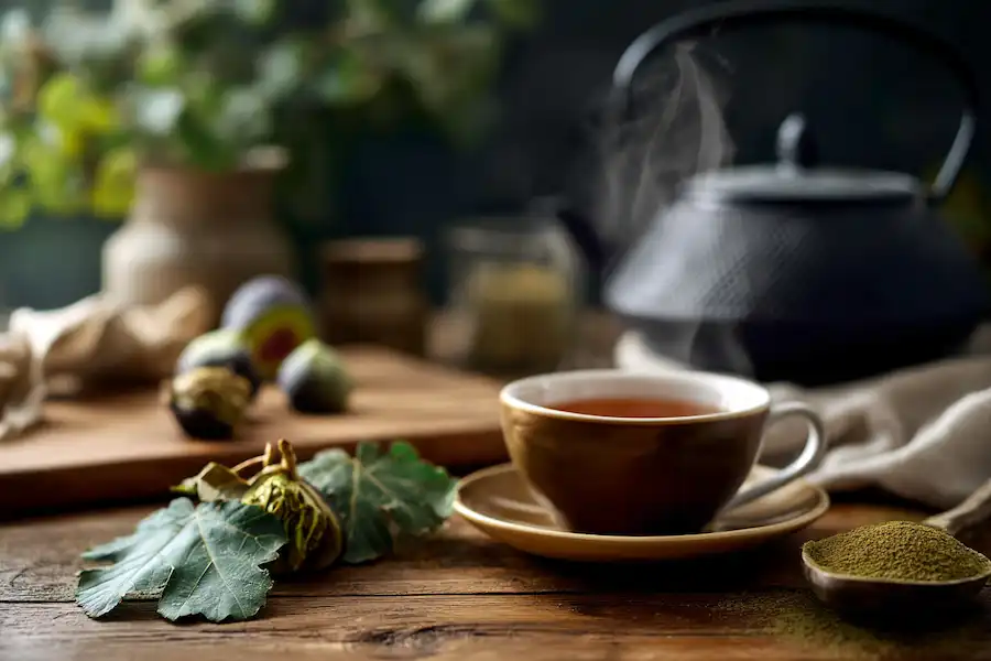 a steaming cup of fig leaf tea
