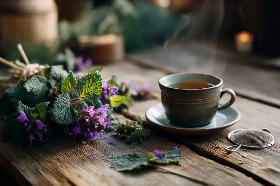 dried nettle leaves and a tea strainer lie next to the cup