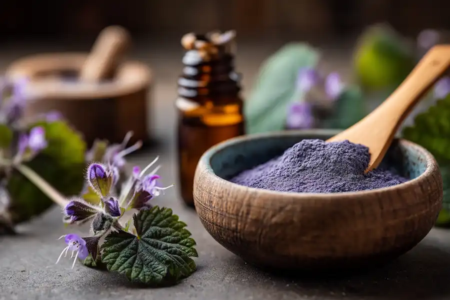 dried purple dead nettle powder in a small bowl