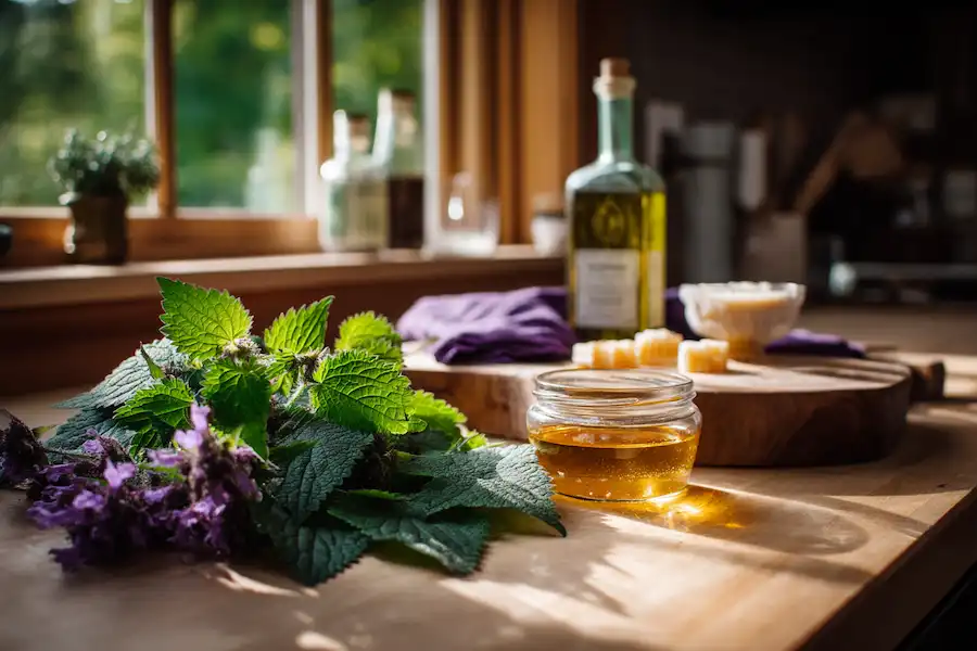 fresh purple dead nettle leaves a bottle of olive oil beeswax pellets and a small jar of finished cream