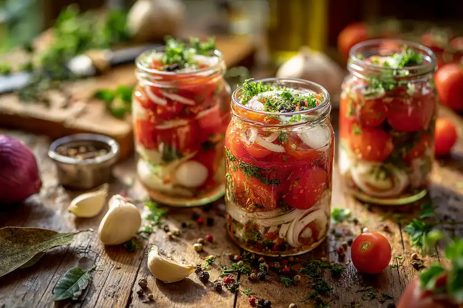 layering tomatoes onion garlic jars