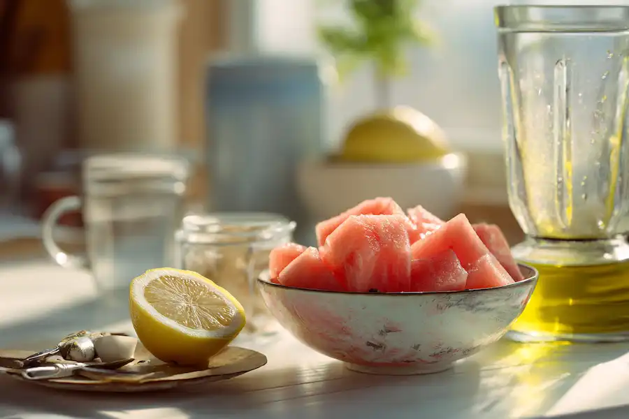 preparing watermelon lemon olive oil detox drink