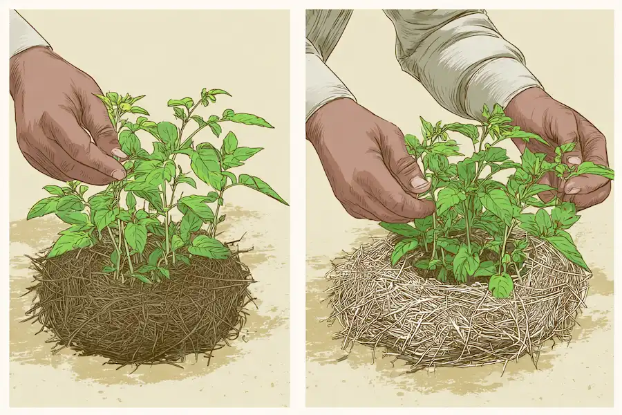 buttage des pommes de terre avec des feuilles