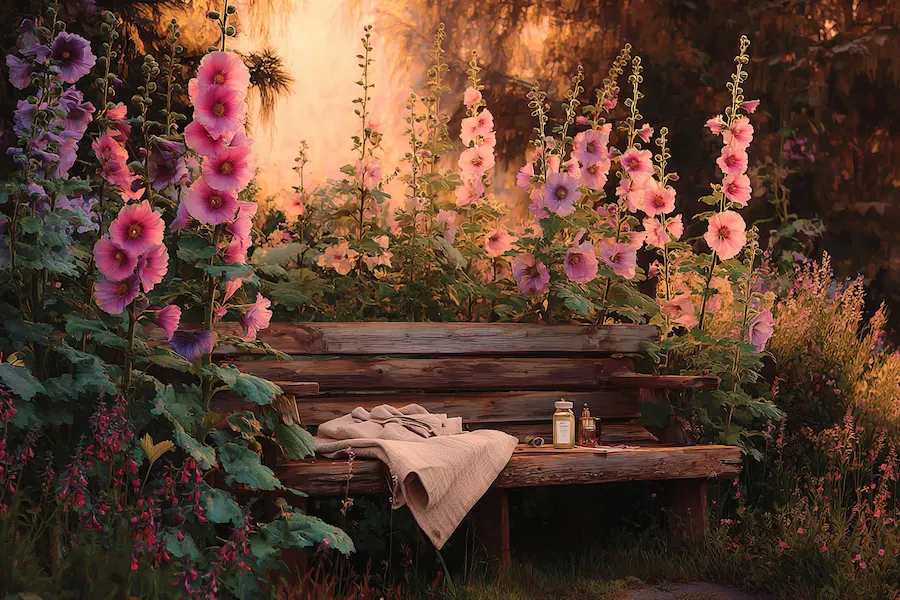hollyhock natural healing herbal scene