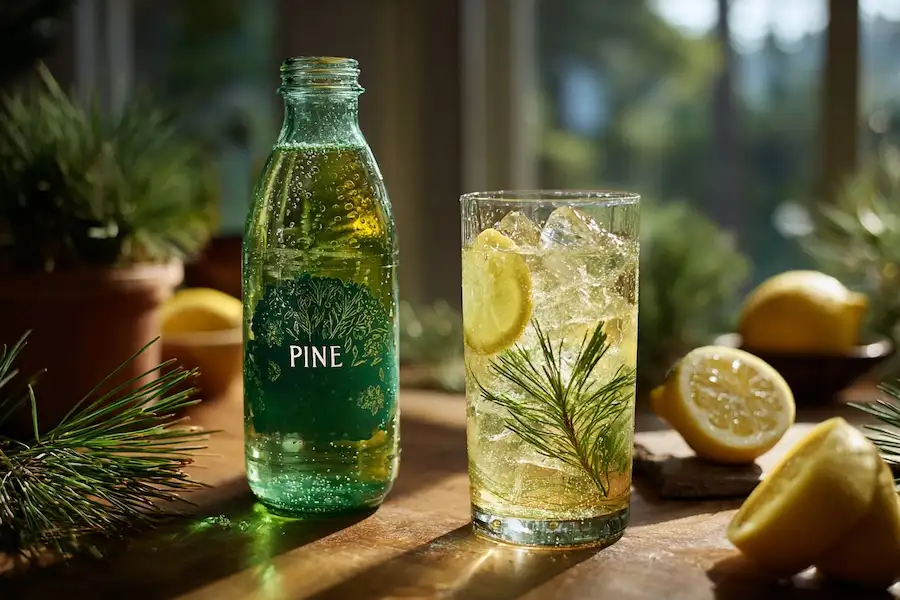 Bebida refrescante de pino y menta con limón, ideal para el bosque.