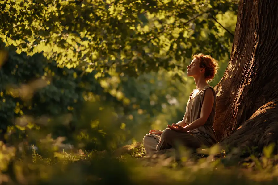 tree meditation sitting against trunk in nature