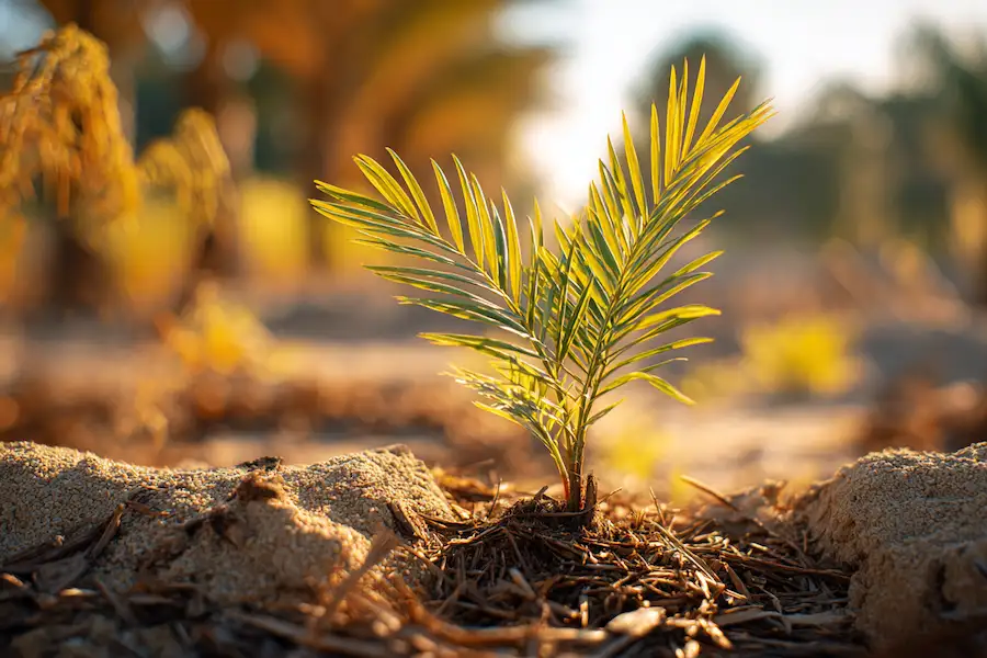 young date palm seedling growing outdoor garden