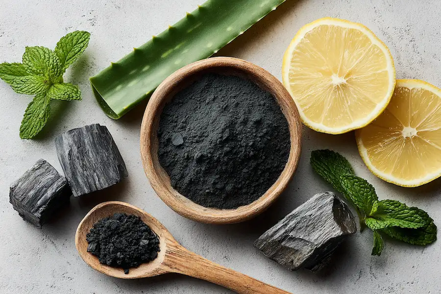 activated charcoal home uses flatlay