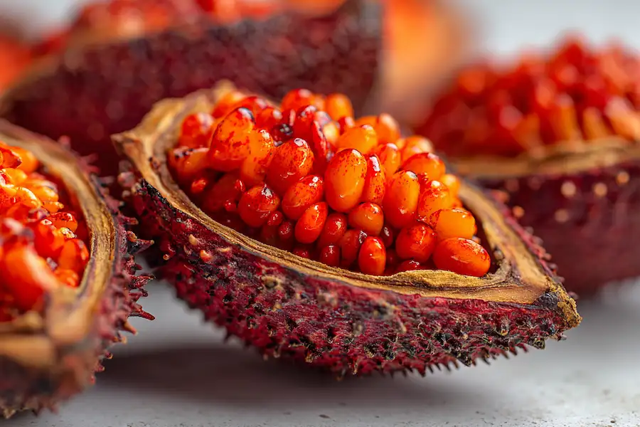 Gros plan sur les graines de rocou de Bixa Orellana