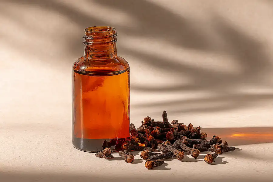 clove oil amber bottle natural setup