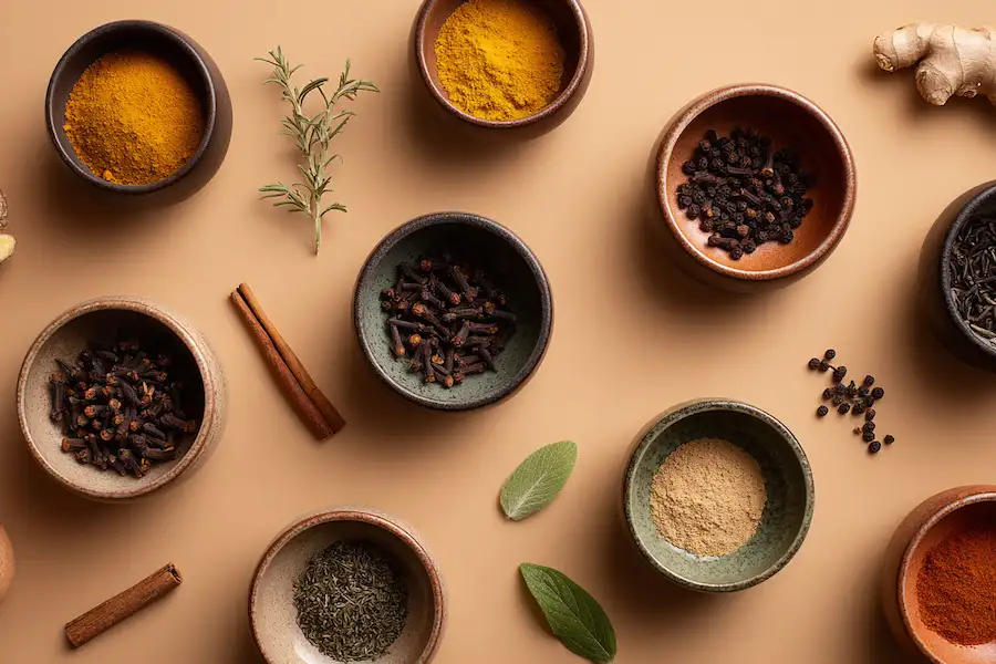 cloves with herbs combinations flatlay