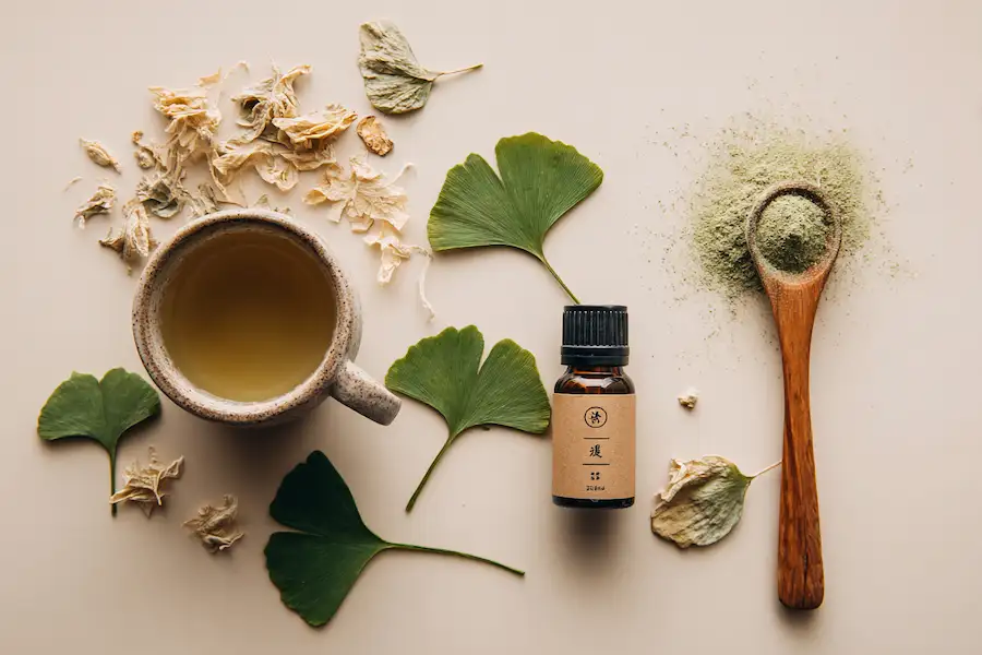 ginkgo tea tincture flatlay