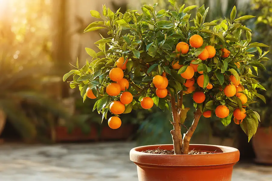 oranger mature portant des fruits en récipient