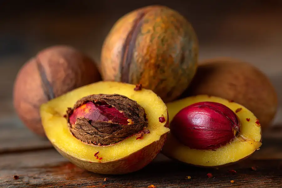 whole nutmeg fruit and layers