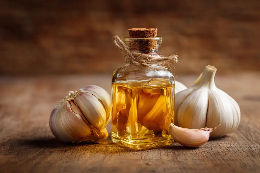 garlic oil bottle closeup