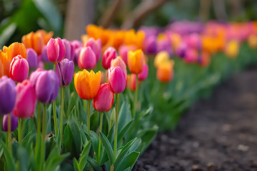 tulipes poussant uniformément en rangées
