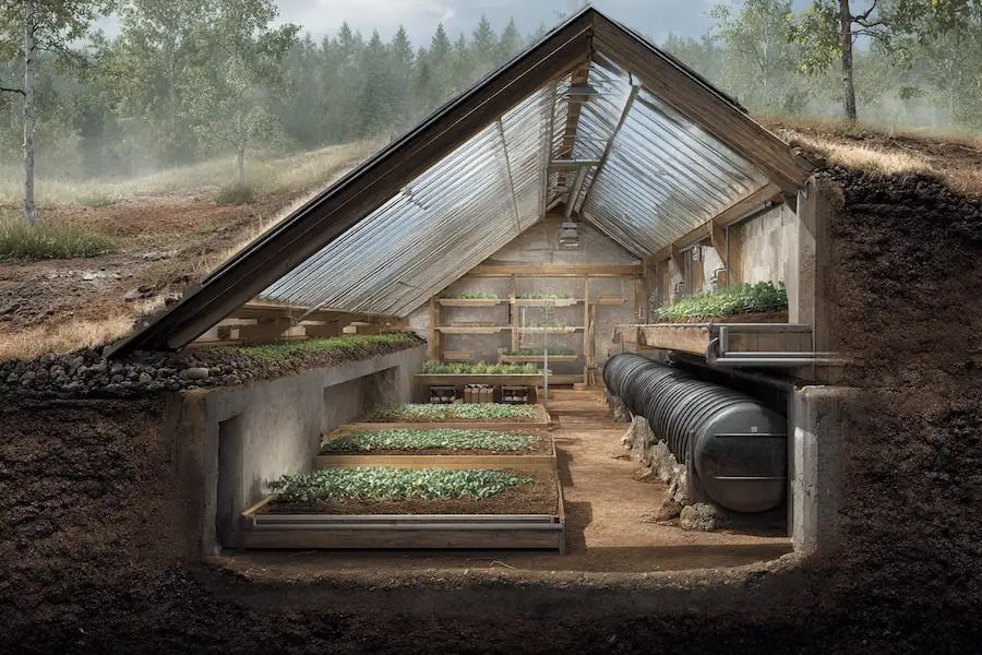 coupe transversale de la serre souterraine de Walipini