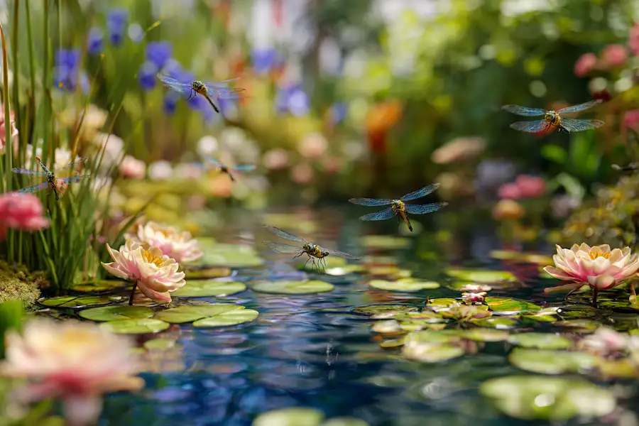 dragonflies flying over garden pond