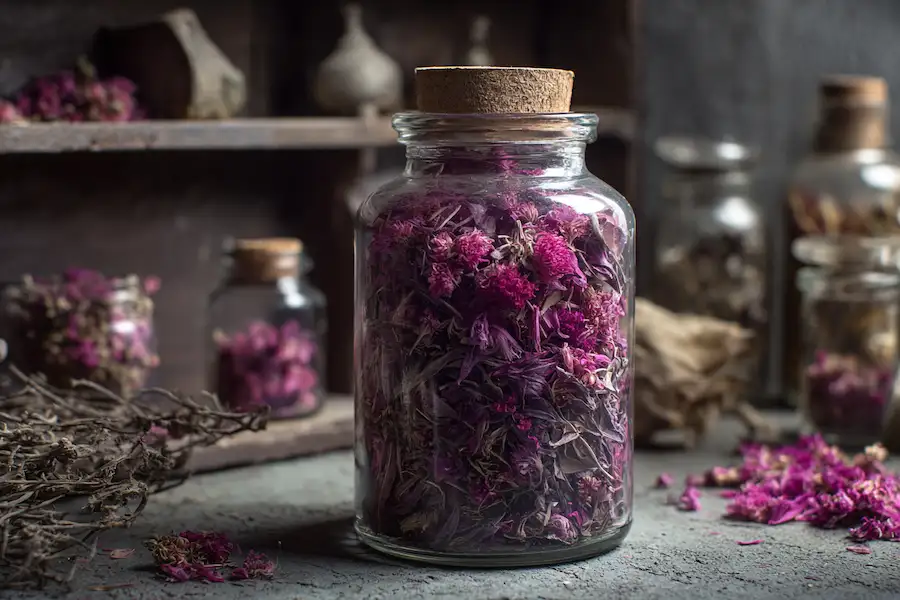 dried fireweed in glass jar