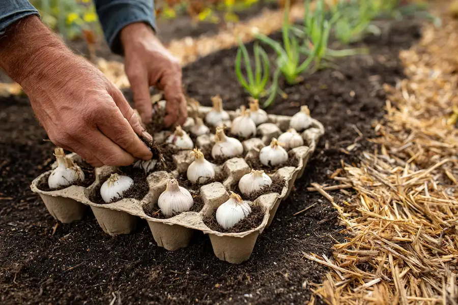 méthode de plantation de boîtes d'œufs avec des gousses d'ail