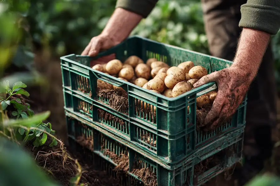 harvesting potatoes from crates