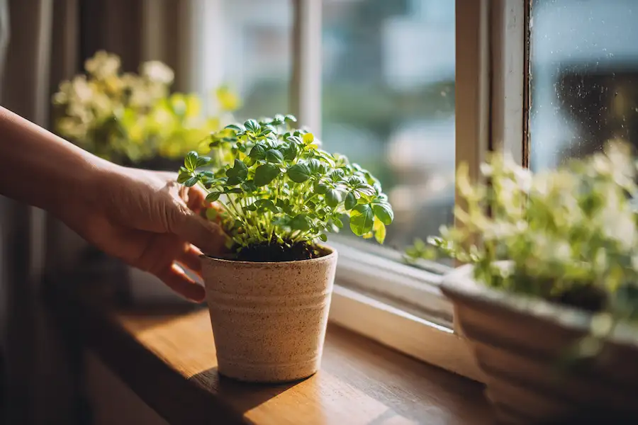 moving potted herbs sunny window