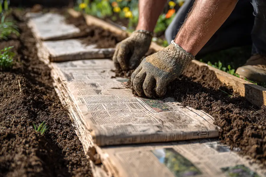 parterre de fleurs en paillis de feuilles de papier journal