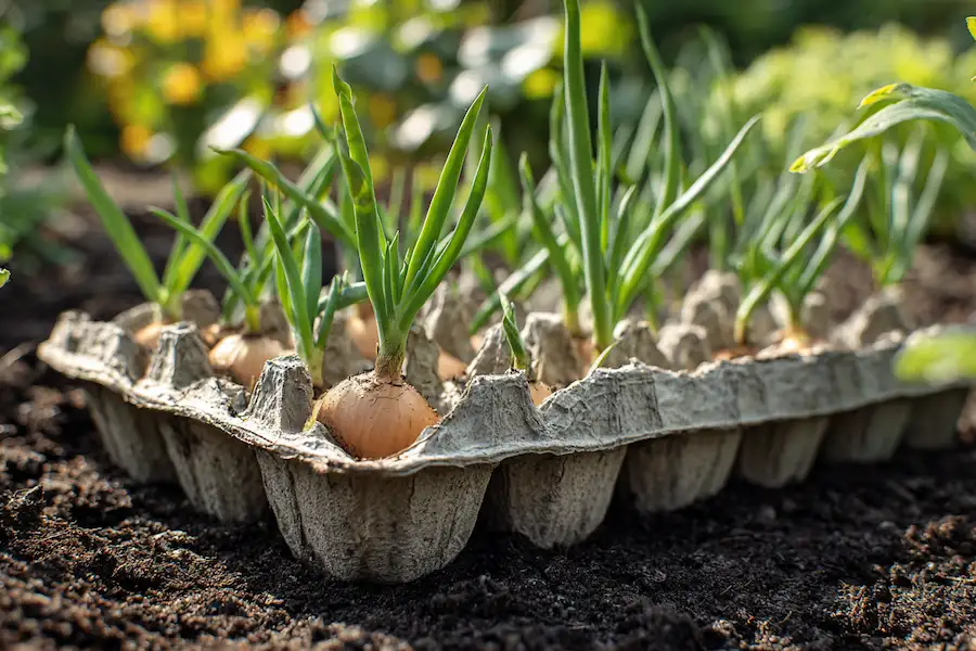 paper egg carton onion garden bed