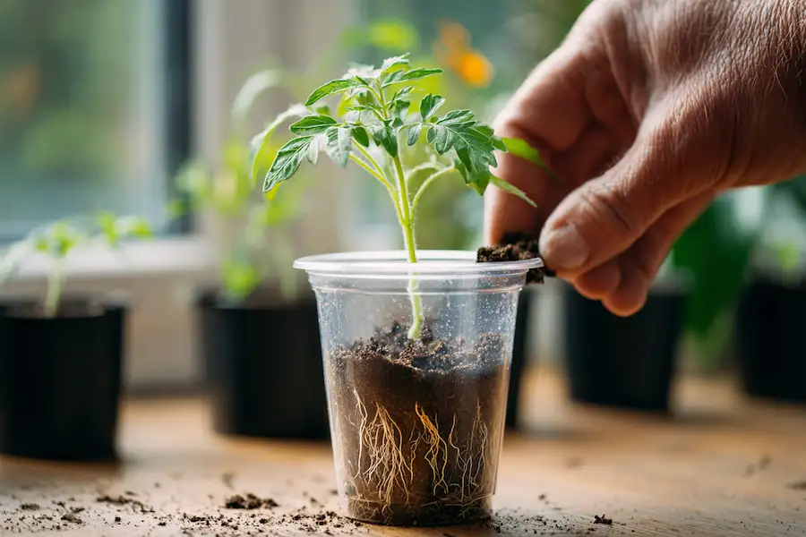 burying leggy tomato seedlings for strong roots
