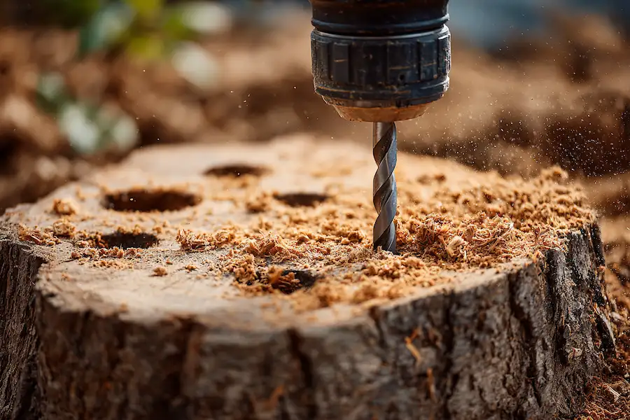 drilling holes tree stump burning process
